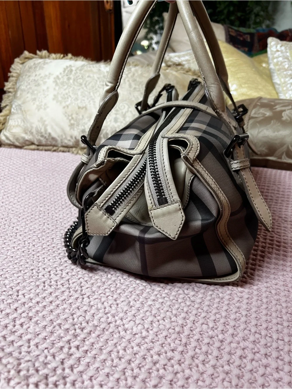 Burberry Smoked Check Trench Satchel Handbag Leather Trim + COA